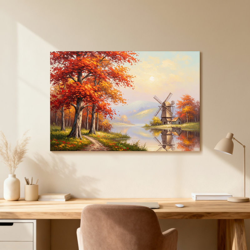 Plantes et fleurs, arbres d'automne, lac, moulin à vent, reflet de paysage, art, H 16 po x l 24 po, Toile tendue