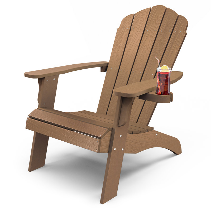 Allurine 32" W HIPS Plastic Weather Resistant Adirondack Chair with Cup Holder, Teak