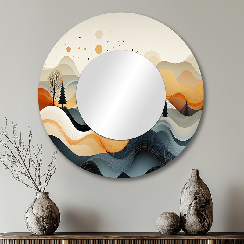 «Teal Orange Line Art Landscape», art décoratif en ligne, miroir mural, 29 po x 29 po