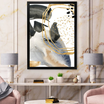 Abstrait pastel avec taches bleues, noires, beiges et dorées - peinture sur toile à cadre flottant