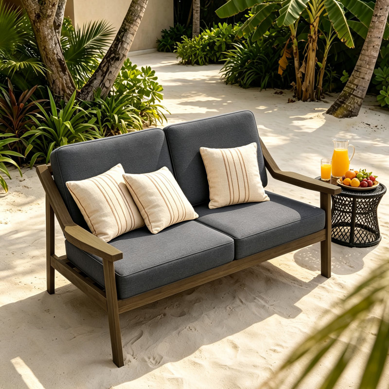 Causeuse d'extérieur en bois de teck avec coussin et accoudoirs Marlo, Gris foncé, Brun