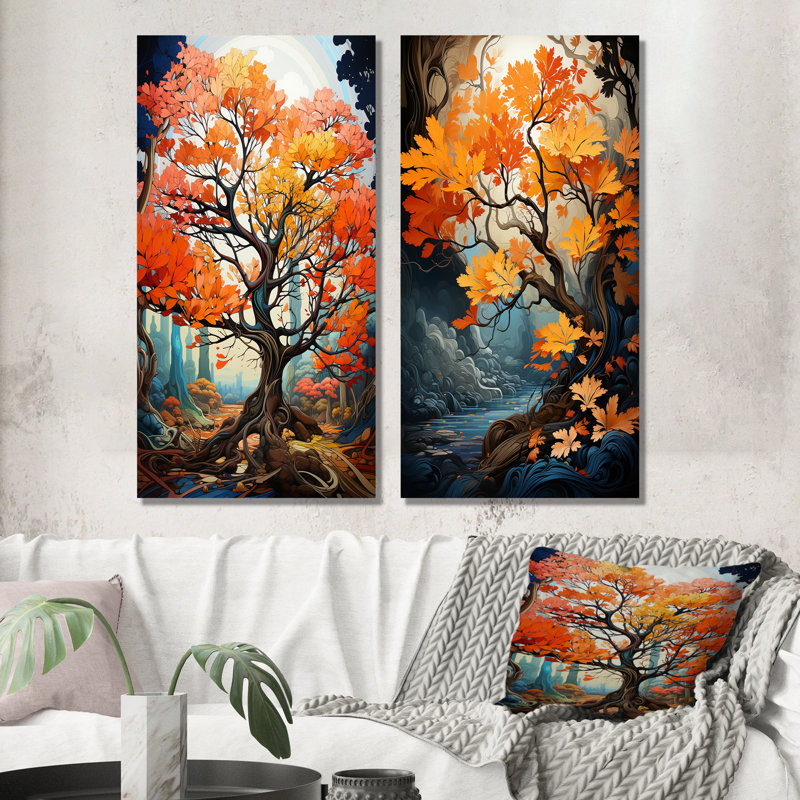«Maple Tree Neon Vibrancy» - Ensemble de 2 décorations murales en métal, H 28 po x l 24 po
