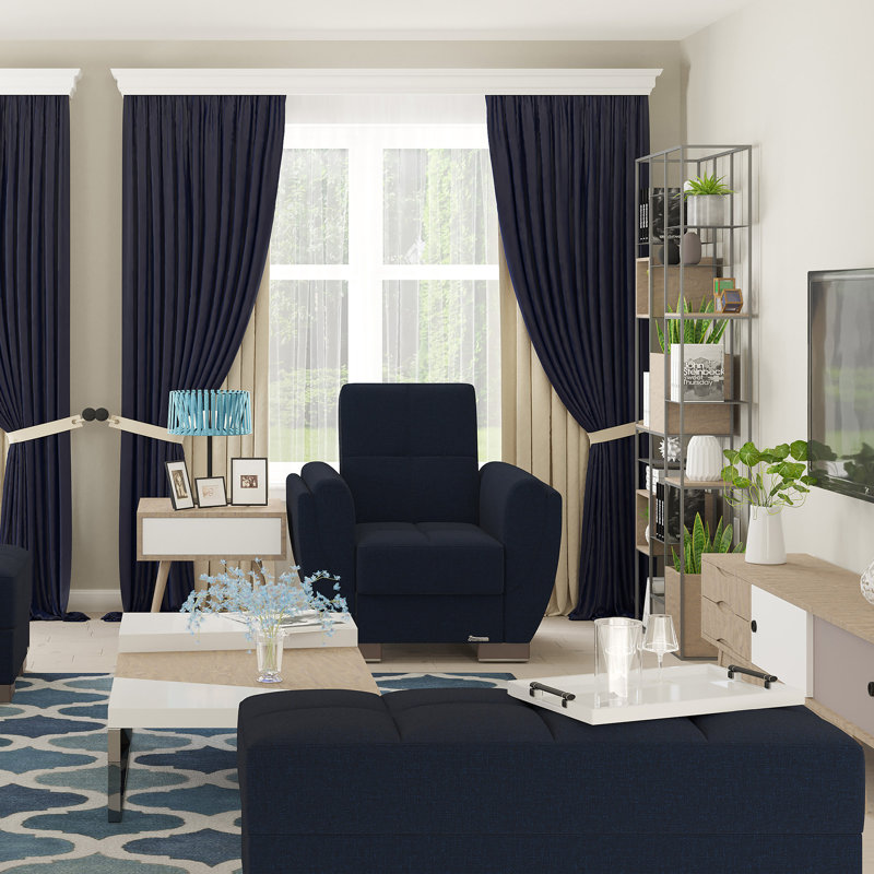 Clemmer Fabric Upholstered Ottoman with Storage, Dark Blue Polyester