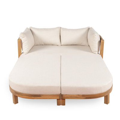 Lit de jour d'extérieur en bois d'acacia biologique Corbin avec coussins et housse imperméable pour patio, jardin et piscine