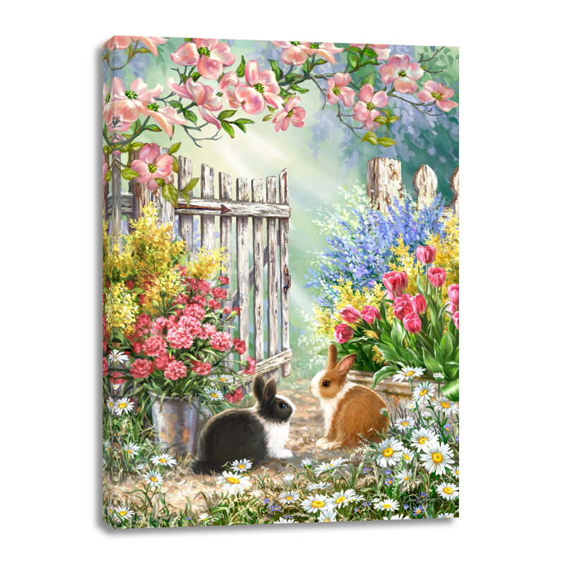 «Blossoms And Bunnies», art mural sur toile, H 24 po x l 18 po