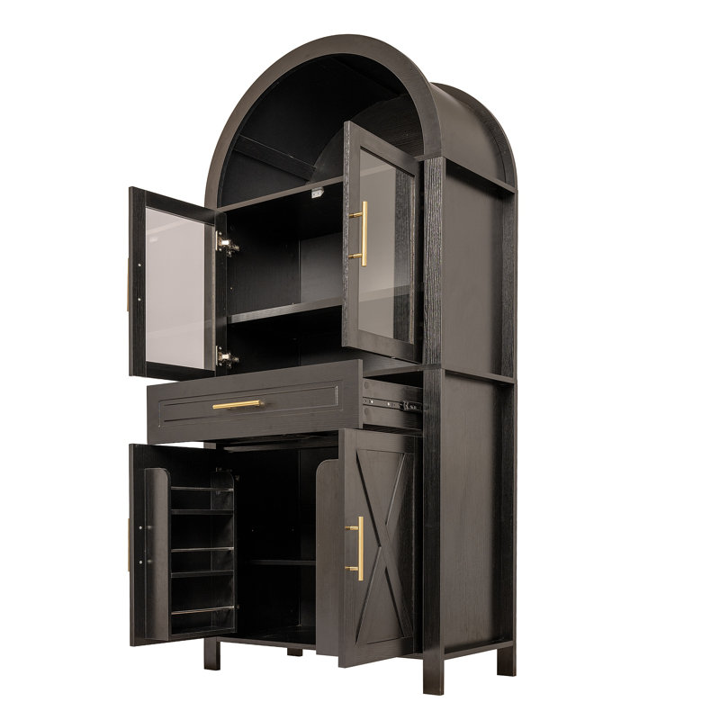 Grand garde-manger arqué avec porte vitrée, garde-manger de style campagnard avec tablettes réglables et porte de grange