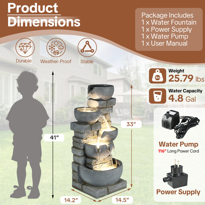  Modern 33" Tall Outdoor Water Fountain, Large 5-tier Cascading Bowls Waterfall Fountain With Led Lights, Stone Texture Floor-standing Resin Water Feature For Deck, Patio, Backyard & Indoor