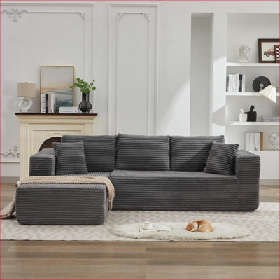 Canapés modulaires | Méridienne en forme de L à gauche de 106 po, sans assemblage, pour salon | Velours côtelé | Gris