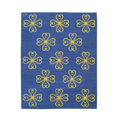 Tapis bleu contemporain en laine tissé à plat Skyee