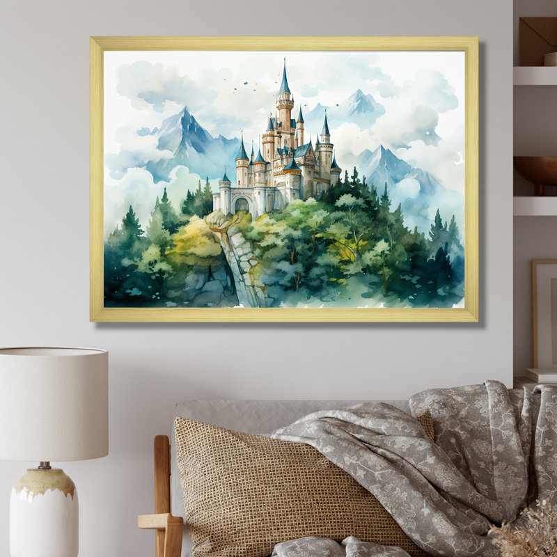 Art mural citadelle Medival dans les montagnes - Châteaux, Cadre doré à coins fermés, H 16 po x l 32 po x P 1 po