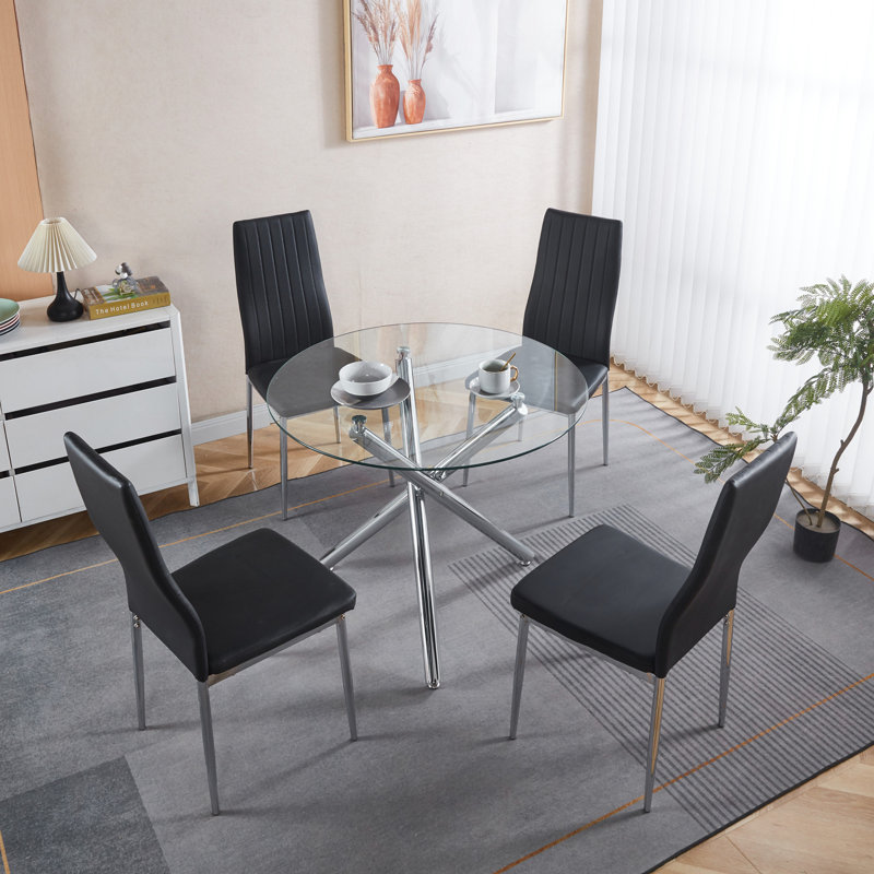 Ensemble de 4 chaises, pieds chromés, siège noir, Argent, Chrome chrome