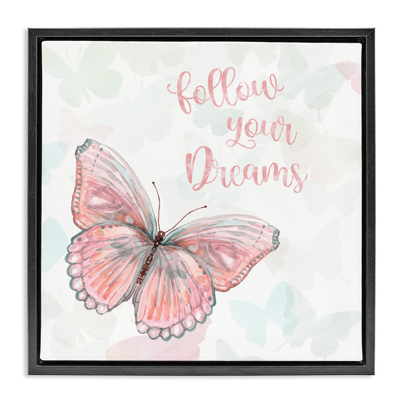 «Follow Your Dreams», papillon rose, H 18 po x l 18 po, Cadre flottant noir de jais