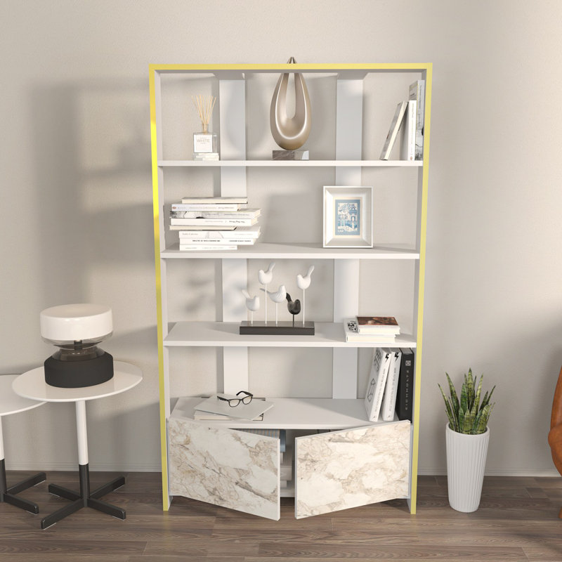 Bibliothèque moderne blanche, 61,8 x 63,0 x 12,4 pouces | 100% panneau de particules enduit de mélamine, épaisseur: 0,7 pouce | Conception élégante en marbre, parfaite pour le bureau à domicile et le salon, solution de rangement élégante et fonctionnelle