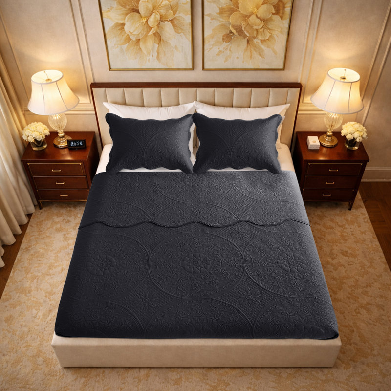 Floral Embossed Microfiber Quilt Set Pre-Washed  Soft Bedspread, Charcoal, Queen Bedspread + 2 Standard Pillowcases