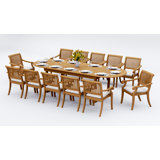12 Seats 13 Pcs Grade-A Teak Wood Dining Set: 118" Double Extension Mas Oval Trestle Leg Table And 12 Arbor Stacking Arm Chairs #11AB2712