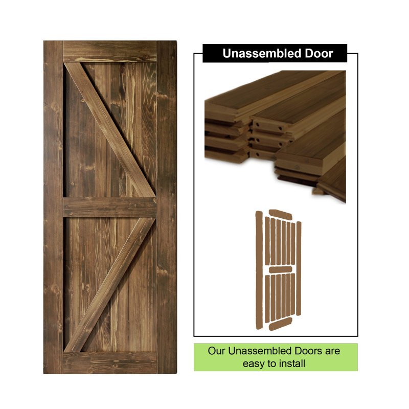 Arrow Design Colour Solid Pine Wood Unassembled Door with Black Rustic Installation Hardware Kit, 32" x 84", Dark Walnut