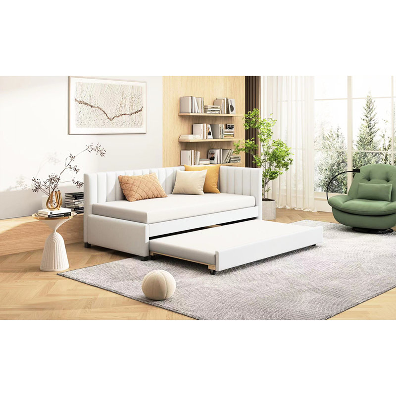 Beige Linen Upholstered Twin Size Daybed With Portable Trundle, No Box Spring Actually Linen, Dirt- Fabric,