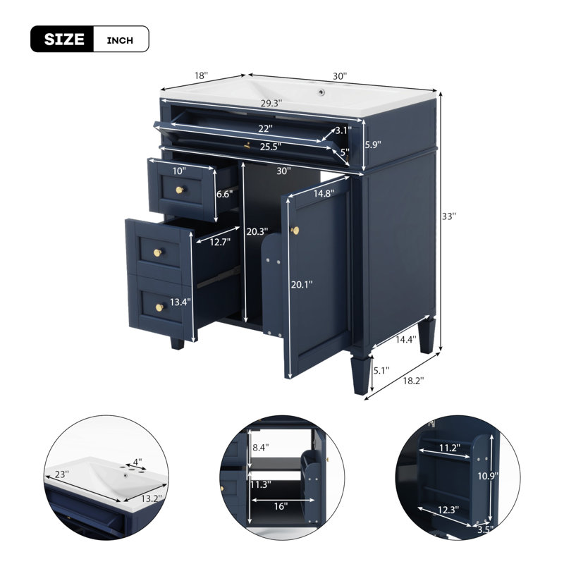 30" Single Wood Frame Bathroom Vanity Base with Top Sink and Storage Cabinet, Blue