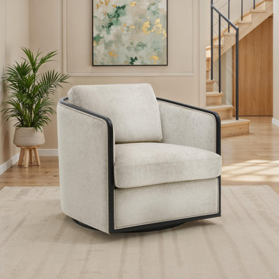 Fauteuil pivotant contemporain de 80 cm x 92 cm, chenille et bois massif, monobloc, taupe, pivotant à 360°