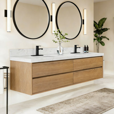 84 Inches Wall Mounted Floating Bathroom Vanity, Engineered Stone Sink, Silent Slide Rails For Gentle Closing Quiet Closure