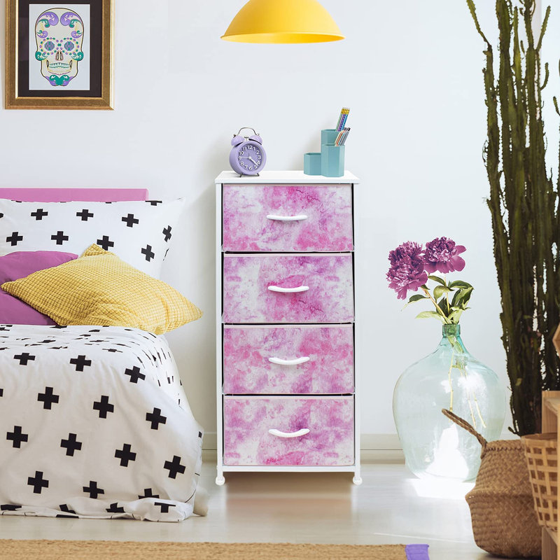 Sorbus 4 Drawers Chest Nightstand with Steel Frame, Wood Top, & Fabric Bins, Tie-dye Pink