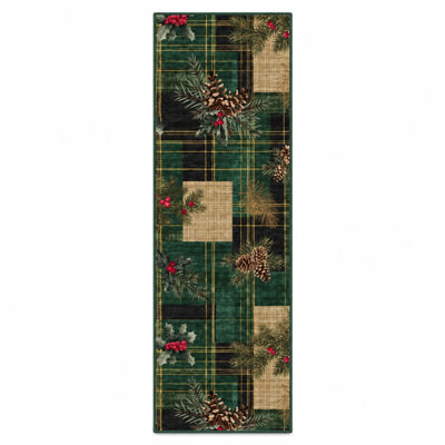 Tapis de couloir festif à carreaux motif forêt de Noël, pliable, en velours perle, imprimé pommes de pin et houx, avec envers antidérapant en TPR, lavable à la machine.