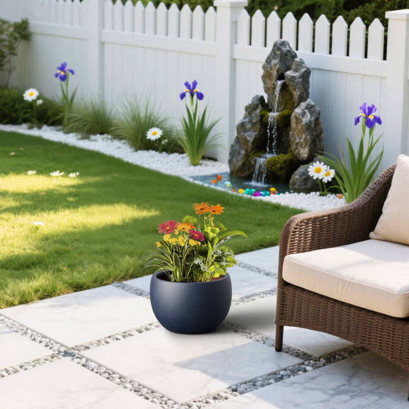 Petit pot à fleurs rond en béton bleu marine 11 po x H 7,5 po pour l'intérieur et l'extérieur avec trou de drainage, Marine
