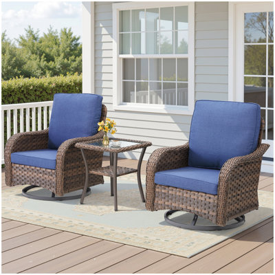 Ensemble de meubles d'extérieur 3 pièces, chaise berçante pivotante pour l'extérieur, ensemble bistro de patio en osier avec tablette latérale pour terrasse, bleu