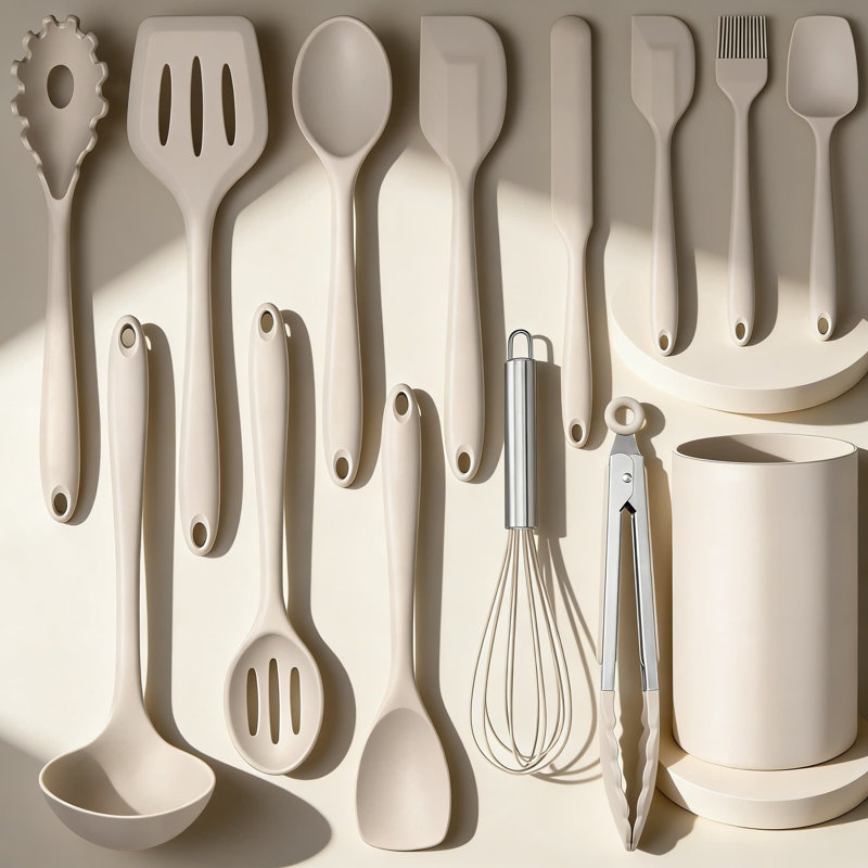 Ensemble d'ustensiles de cuisine en silicone 14 pièces avec support, ustensiles de cuisine antiadhésifs résistants à la chaleur, y compris la spatule, la cuillère, le tourneur, le fouet, les pinces, et va au lave-vaisselle