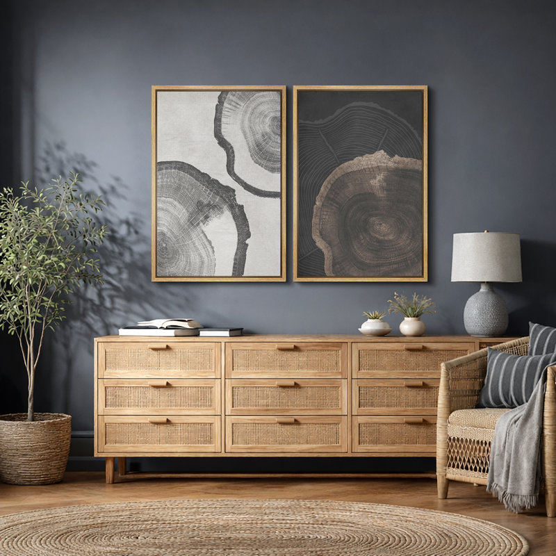 «Tree Ring», souche de bois gris, œuvre d'art neutre, photos de cabane de ferme rustique, ensemble de 2 impressions sur toile encadrées, 16 x 24 x 2, 24 x 36 x 2