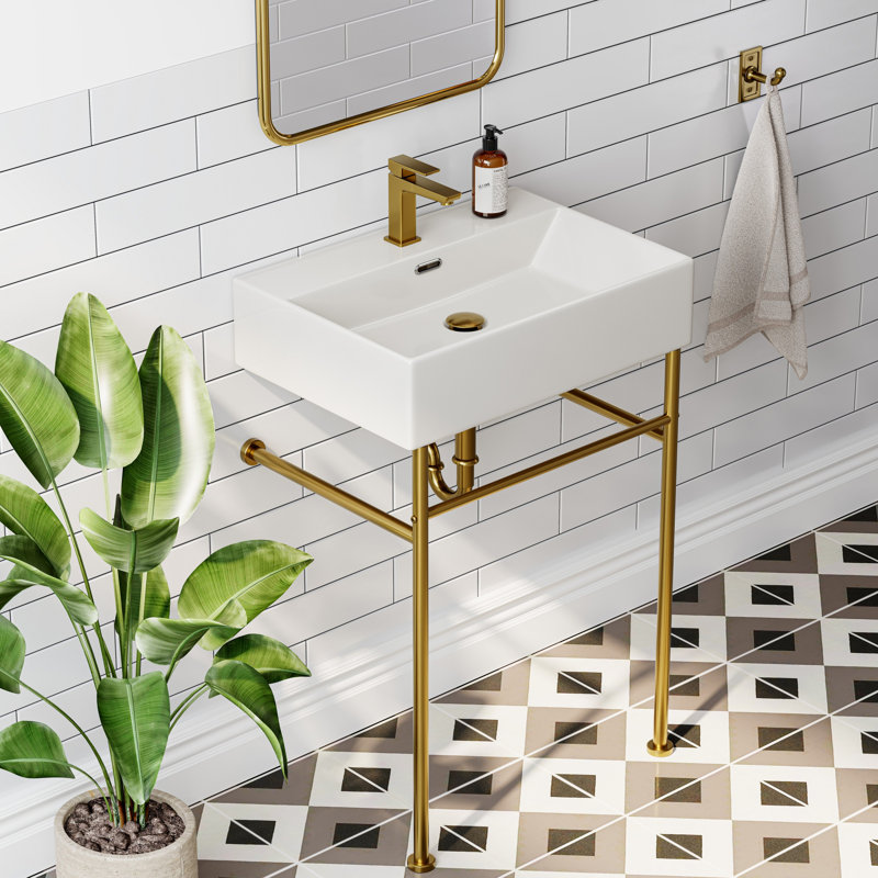 24 In. Ceramic White Rectangular Bathroom Console Sink With Legs And Overflow, White/Gold