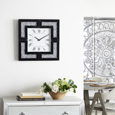 Matisse Glass Mirrored Decorative Black Wall Clock with Floating Crystals
