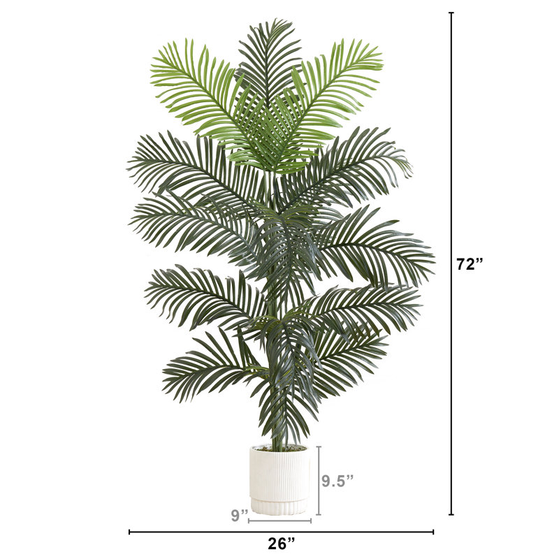 Tall Green Faux Palm Tree in White Plastic Planter