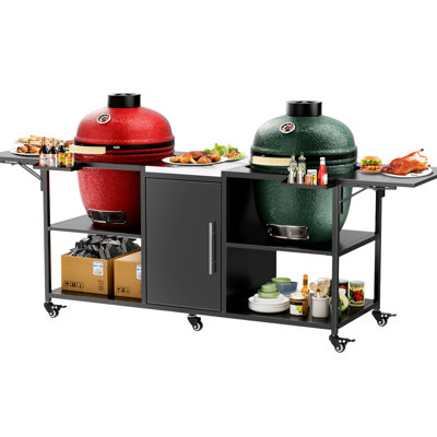 Table de barbecue en métal pour l'extérieur - compatible avec deux gros œufs, 18 po, noir et argent, poids de 110,2 lb, hauteur de 34,62 po, largeur de 25,46 po, profondeur de 99,68 po, 6 roulettes verrouillables, 4 tablettes ouvertes, 2