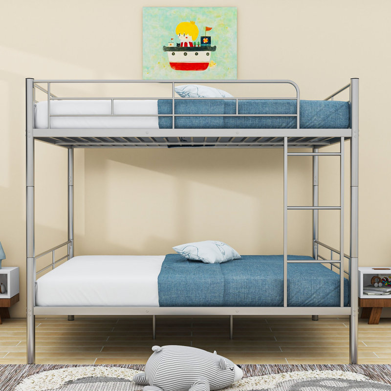 Full Over Full Metal Bunk Bed With Center Legs, Splitable Into 2 Beds, Silver