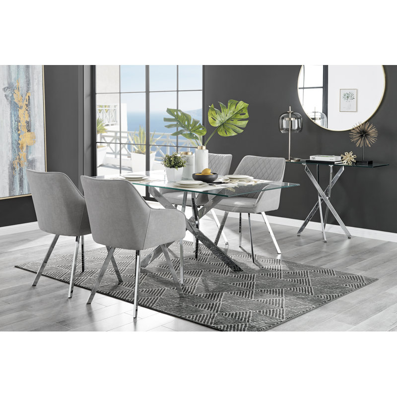 Lenworth Chrome and Glass Rectangular Dining Table Set with 4 Luxury Upholstered Fabric Chairs