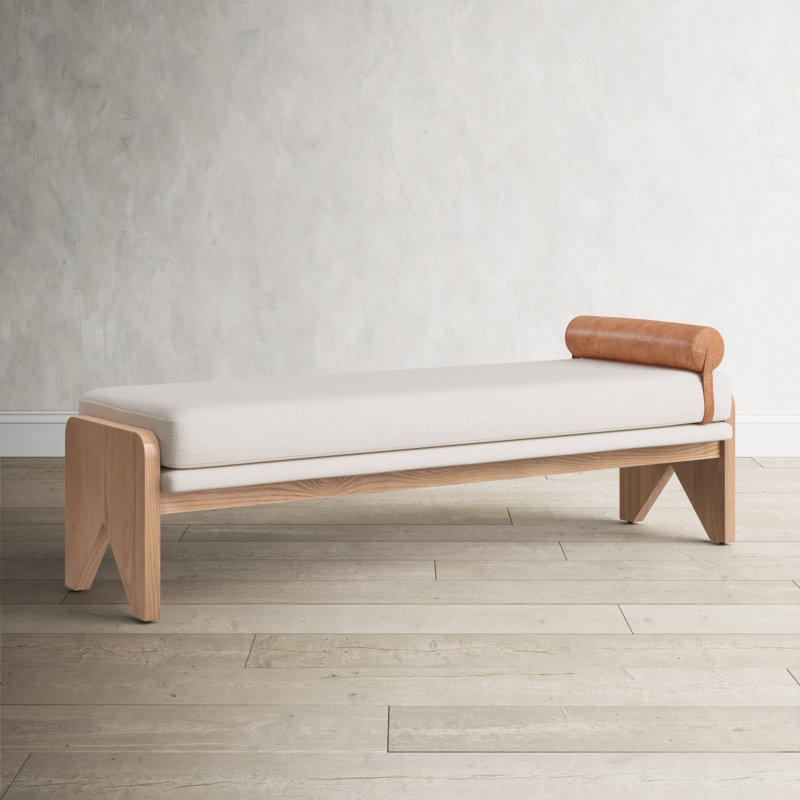 White Upholstered Bench with Ash Base and Leather Bolster