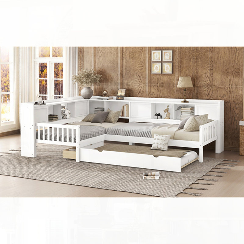 Lit plateforme en L avec lit gigogne, tiroirs de rangement et tablettes, Blanc