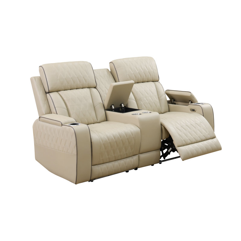 Ensemble de canapé de salon inclinable 3 pièces Madison en cuir végétalien beige avec porte-gobelets, charge sans fil et lumières DEL