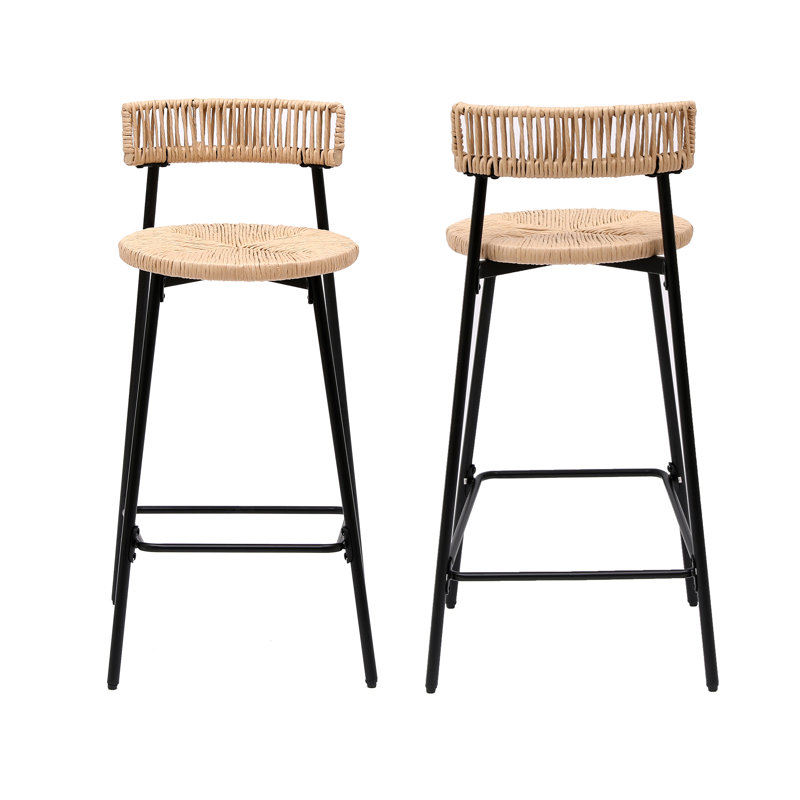 Tabourets de bar tissés à la main avec dossier, ensemble de 2 tabourets ronds en corde de papier avec repose-pieds pour îlot de cuisine et salle à manger (noir et miel)