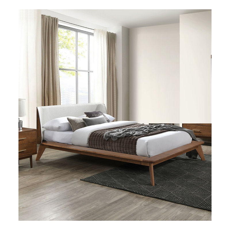 Ensemble de chambre double 3 pièces à finition noyer avec lit tapissier Boucle et deux tables de chevet