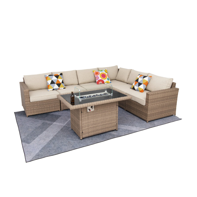 Fully Assembled 6 - Person Outdoor Sectional Seating Group With Fire Pit Table