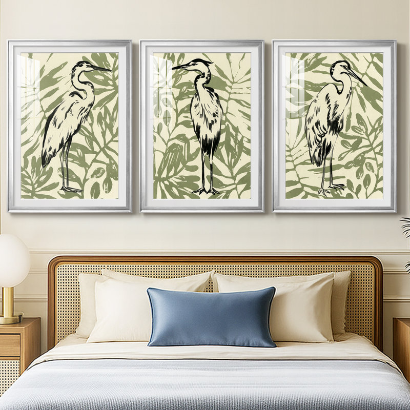 Retro Parlor Heron I - reproduction sur mesure encadrée de qualité supérieure - 3 pièces, Argent argent, H 19 po x l 27 po