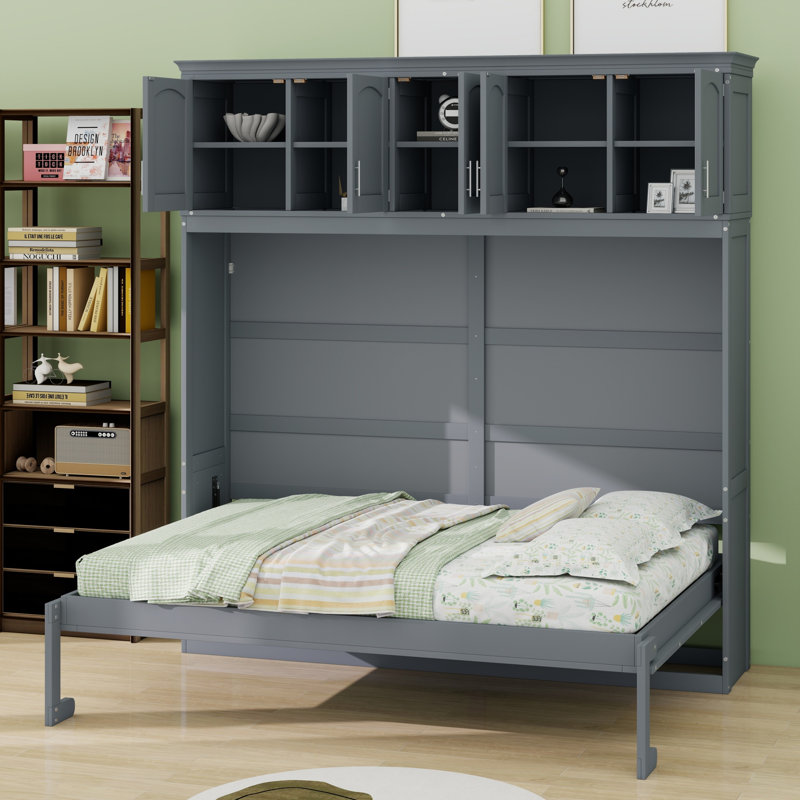 Lit escamotable en bois avec armoires supérieures, conception pliable peu encombrante, Double, Gris