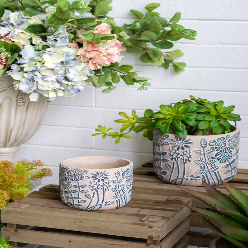 S / 2 pots à sable et ciment gris avec motif floral bleu