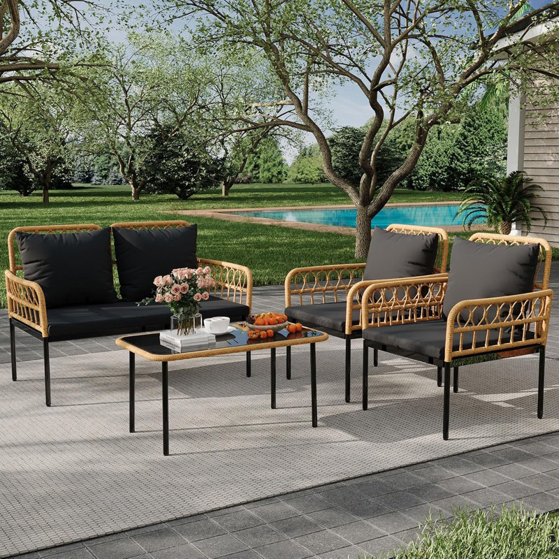 Ensemble de patio en osier 4 pièces, canapé modulaire en L avec coussins, noir, Noir