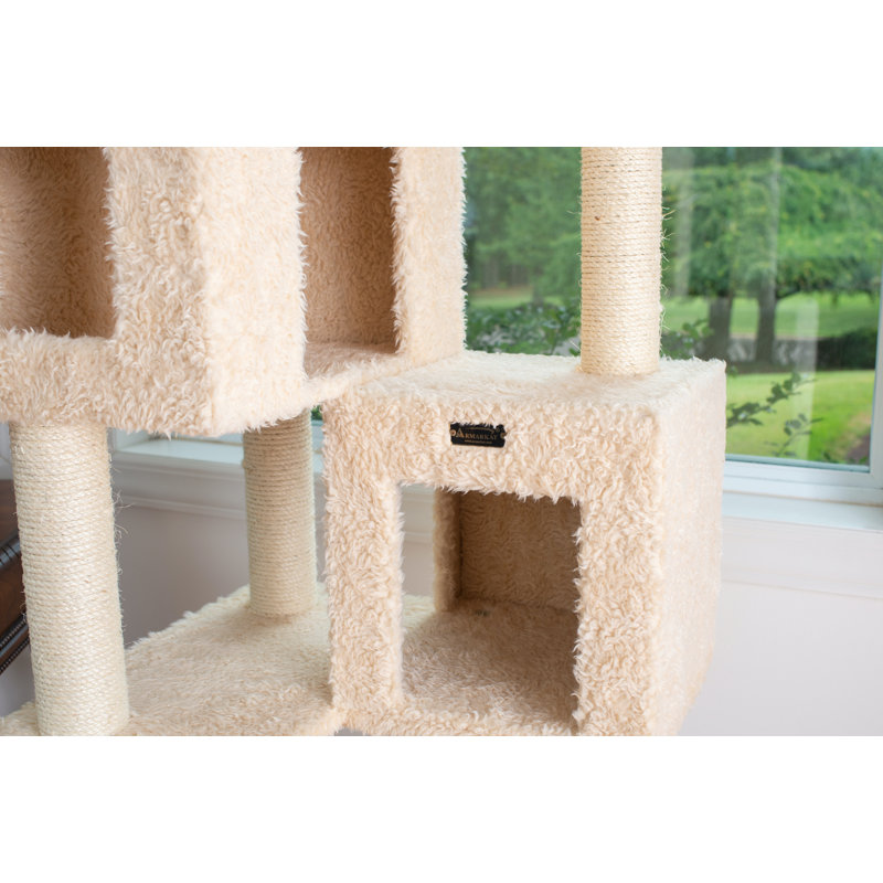 Beige Multi-Level Sisal and Faux Fur Cat Tree with Condos
