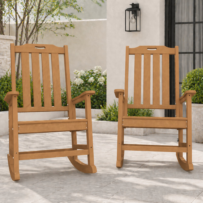 Dareona Outdoor All-weather HDPE Adirondack Rocker Chairs with Comfort High Backrest, Teak