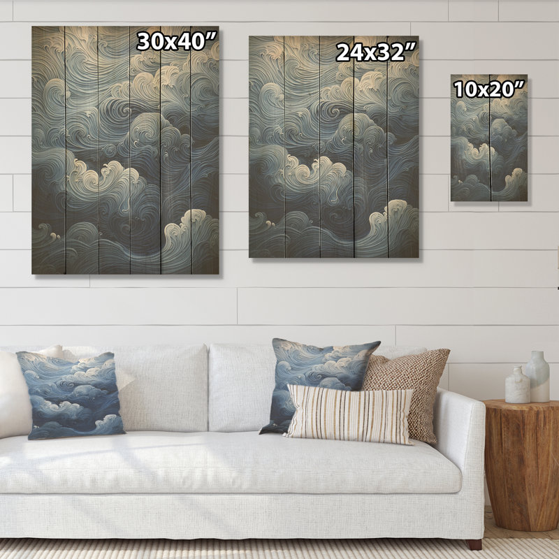 Vague côtière, horizon déployant - Vagues côtières, art sur bois de pin naturel, H 32 po x l 24 po
