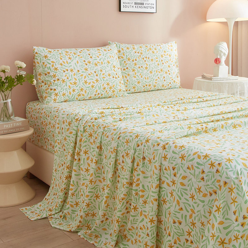 Zeta Boho Floral Printed Sheet Set, Twin Sheet Set with 1 Pillowcase, Green